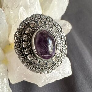 Antique GUC genuine amethyst cabochon & 800 sterling silver ring. Sz 6-1/2